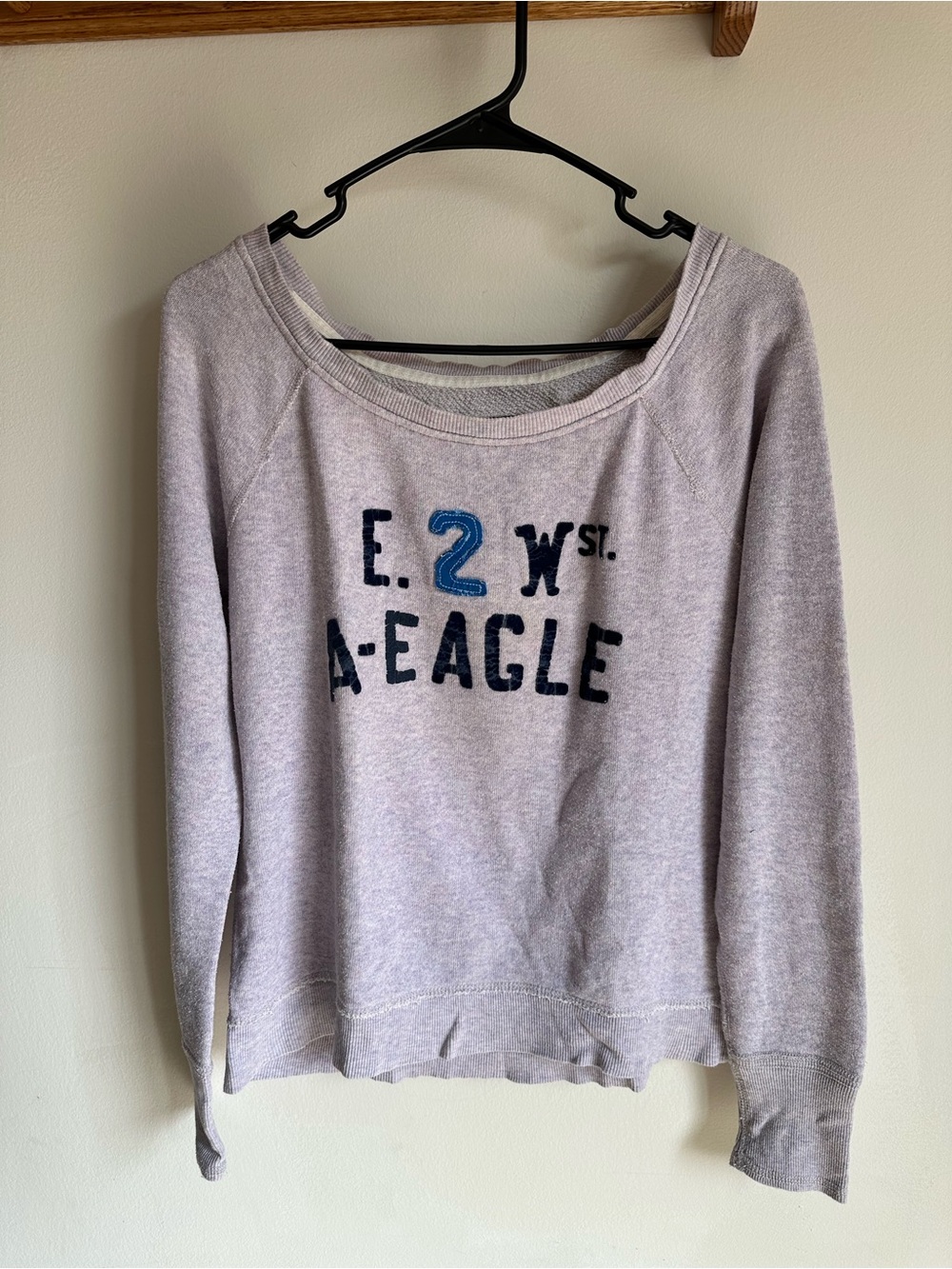 American Eagle Outfitters S Lavender Logo Pullover Off-the-Shoulder Sweater